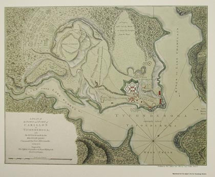 image of 18th-century map showing Lake champlain and Fort Ticonderoga