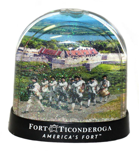 snow globe with fife and drum and Fort Ticonderoga inside