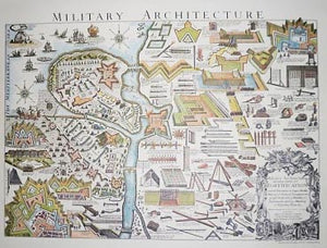 print of map with military tools and structures
